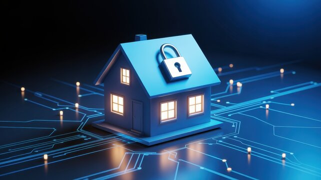 Home Security Illustration: a secure home illustration with a digital circuit background and lit windows, suggesting concepts of digital protection and safeguarding residential properties.