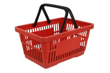 Red plastic shopping basket with black handle on transparent background for retail, grocery, and commerce concepts