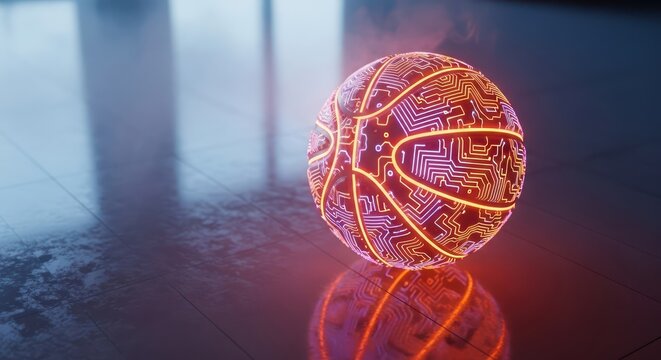 Futuristic basketball concept showcasing illuminated circuit board patterns on a sports ball