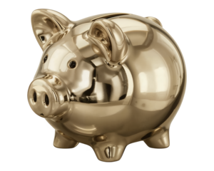 Shiny metallic gold ceramic piggy bank saving money coins finance png isolated on transparent background