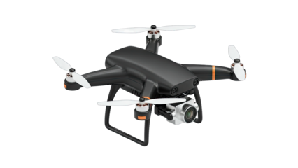 Modern Black Drone With White Propellers And Orange Accents Featuring A Camera Module Isolated On A Black Background Realistic 3D Render
