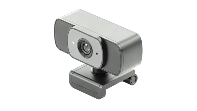 Modern Gray Webcam with Adjustable Stand Isolated on Black Background for Digital Communication and Streaming