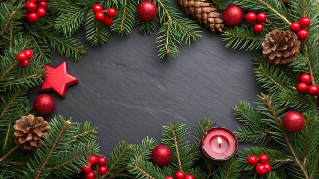 Christmas wreath frame border made of fir tree branch, pine cone, red berry, ornament, star, and burning candle on dark slate background with copy space for holiday greeting