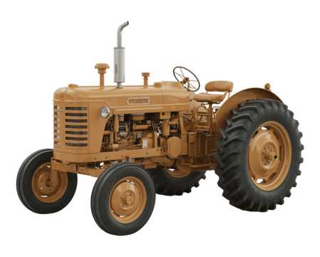 Vintage farm tractor classic agricultural vehicle machine yellow brown png isolated on transparent background