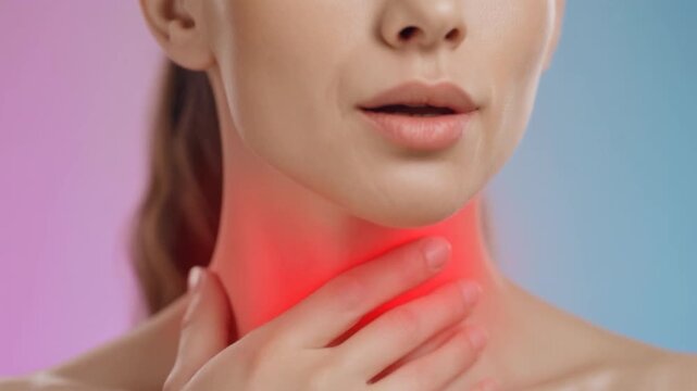 Woman with a sore throat holding her painful neck highlighted in red.