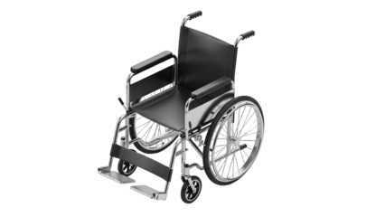 Modern Medical Wheelchair With Chrome Frame And Black Seat And Backrest On Transparent Background Clinical Equipment For Patient Mobility Assistance And Healthcare Services