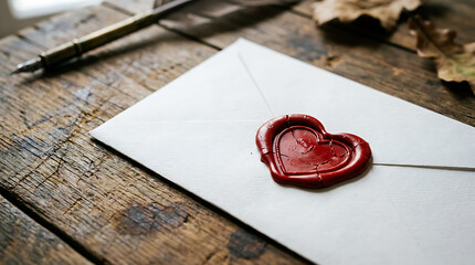 A white envelope with a red heart-shaped wax seal on a rustic wooden table, accompanied by a vintage quill pen and a dried leaf.