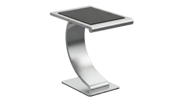 Modern Metal Stand with Black Top Surface and Curved Base on Transparent Background