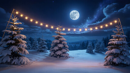 Winter wonderland snow covered trees illuminated by festive string lights under a full moon