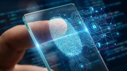 A close-up of a finger scanning a glowing digital fingerprint on a transparent screen, representing biometric security and advanced technology.