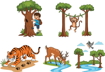 Forest wildlife and nature adventure scene with animals, trees, river, and boy explorer