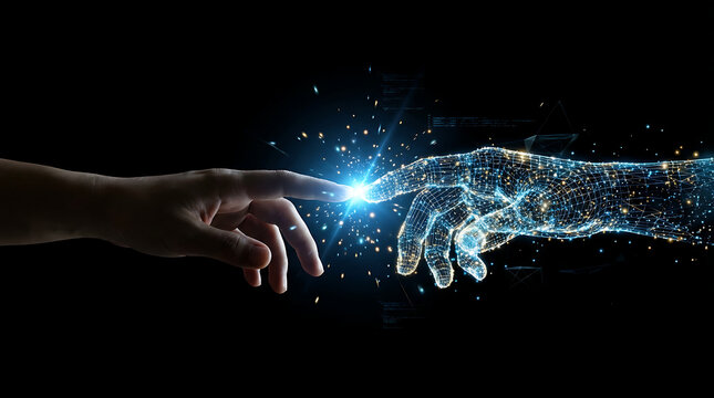 Human and digital hands touching, symbolizing connection between humanity and artificial intelligence. - Powered by Adobe