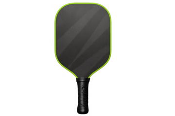 Pickleball paddle with black surface and bold lime green trim, reflecting light on transparent background, equipment for racquet sport