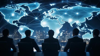 Business professionals analyzing global data visualization in a modern workspace - Powered by Adobe