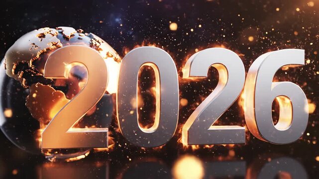 3d rendering of the year 2026 in metallic silver font with glowing fire effect and a globe in the background