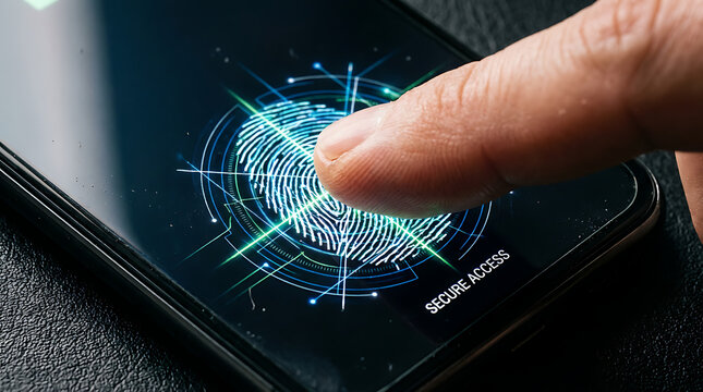 A finger pressing on a smartphone screen for biometric fingerprint authentication and secure access, highlighting digital security.