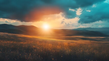 A breathtaking sunset over rolling hills with a golden field in the foreground.