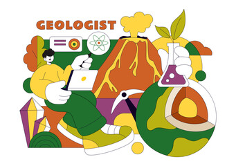 Geologist Illustration Featuring Soil Analysis and Earth Surface Features For Scientific Research, Exploration, or Expedition In a Background