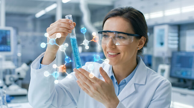 Female scientist in a modern laboratory holding a test tube with blue liquid, surrounded by digital molecular structures, symbolizing scientific research and discovery.
