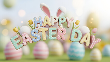 Happy Easter Day Celebration A Festive Greeting with Colorful Eggs and Decorations