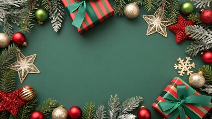 Festive christmas border frame made of green fir branches, red and gold ornaments, glitter stars, snowflakes, and wrapped gift boxes on a dark green background, top view