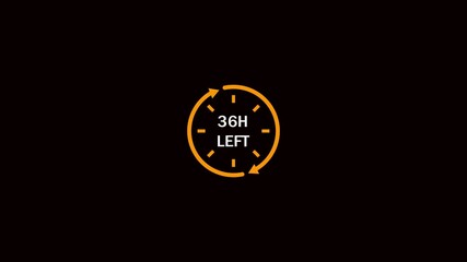 Countdown timer with 36 hours left and circular arrows on black background. Clock Icon Displaying 36 Hours Remaining on Black Background.