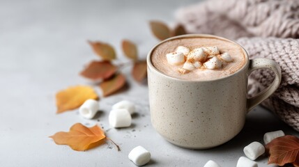 Cozy christmas hot chocolate drink in a mug surrounded by autumn leaves and marshmallows inviting winter vibes warm home environment captured from above