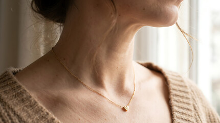 Close-up of a woman wearing a delicate gold necklace with a small heart-shaped pendant and a cozy knitted sweater, looking thoughtfully to the side.