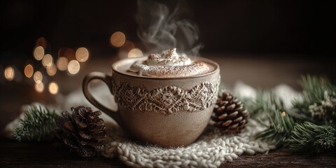 Fototapeta premium Cozy christmas hot chocolate drink in a mug festive setting with pinecones warm atmosphere captured from a close-up view embracing holiday cheer