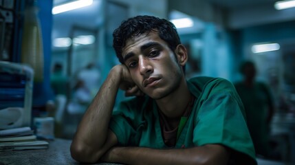 A young doctor in Yemen is at his first night shift at the hospital. He is sitting at a desk, looking tired and deep in thought as he prepares for his responsibilities ahead