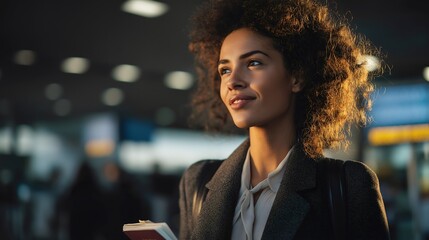 A young woman stands in an airport with a notebook in hand, looking ahead with focus and determination as people move around her during her first business trip