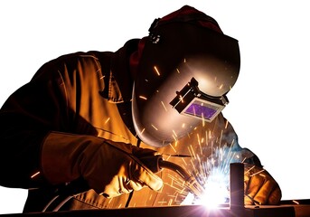 Welder in protective gear intensely focused on creating a bright spark during metal fabrication