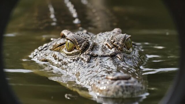 Intense Gaze of a Crocodile Rising in Murky Water, Revealing Scaly Detail
