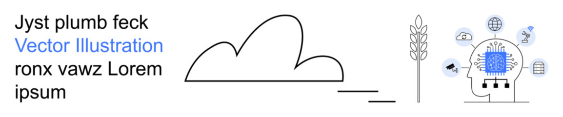 Technology, artificial intelligence, cloud computing, brain function, agriculture, innovation. Abstract icons of brain, cloud and wheat AI and agriculture. Technology and artificial intelligence