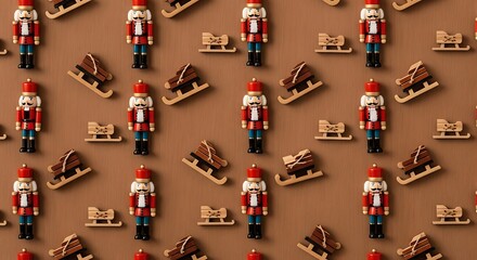Fototapeta premium Christmas nutcrackers and sleighs on brown background