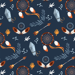 Seamless colorful pattern with fish birds and feathers