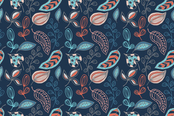 Colorful paisley seamless pattern with decorative floral elements and fish motifs