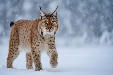 Obraz premium Lynx Walking Through Snowy Forest – Elusive Wildlife in Winter Habitat