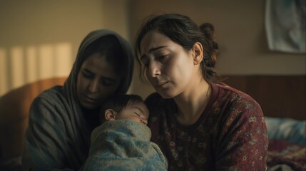 In a room filled with soft morning light, an Iraqi mother one month postpartum holds her newborn close. Another woman sits beside her, providing support during this time of adjustment