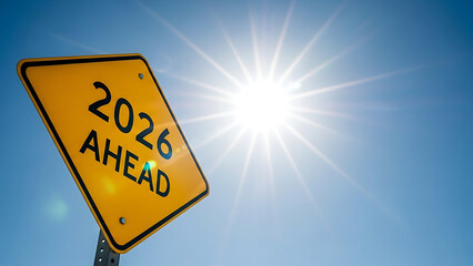 2026 ahead road sign in bright blue sky with sunburst