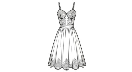 Elaborate drawing of an elegant lace dress with spaghetti straps and a full skirt