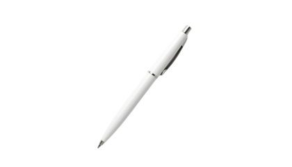 A single white ballpoint pen with a silver clip and tip is shown diagonally in the frame on a bright background clean white background cutout