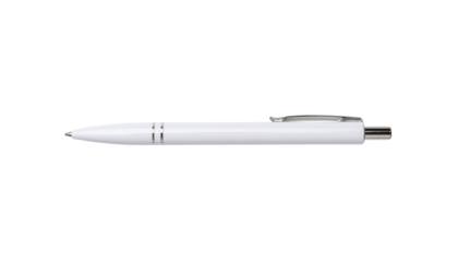 White ballpoint pen with a silver clip and tip lying horizontally in the center of the frame with two lines present pure white background cutout