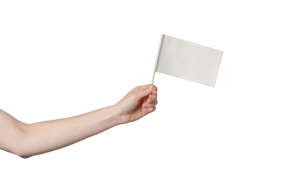 Hand holding a small blank white flag on a wooden stick, arm visible against a bright background on white and transparent