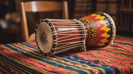 African djembe drum on colorful tablecloth with wooden chair in background