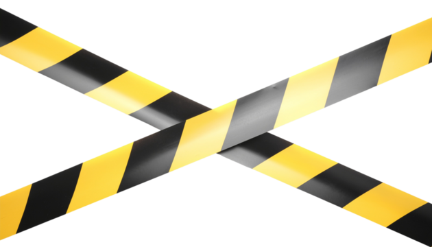 Yellow and black striped tape crossing each other diagonally creating an x shape on a plain background studio shot on white and transparent