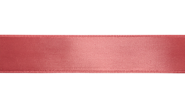 A straight horizontal rose colored ribbon with stitched edges is centered against a plain white backdrop alpha channel with white background
