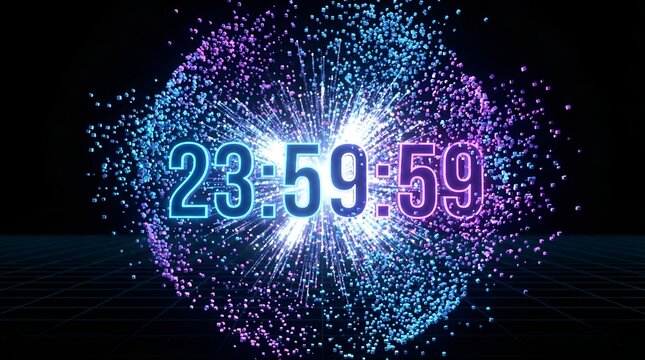Chronos Burst: Digital Clock Exploding into Neon Blue Voxel Particles