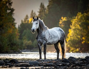 A majestic grey equine stands gracefully in shallow water, dappled sunlight enhancing its coat against a blurry, forested background