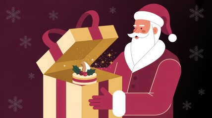 Whimsical illustration of santa claus unwrapping cake present during festive time